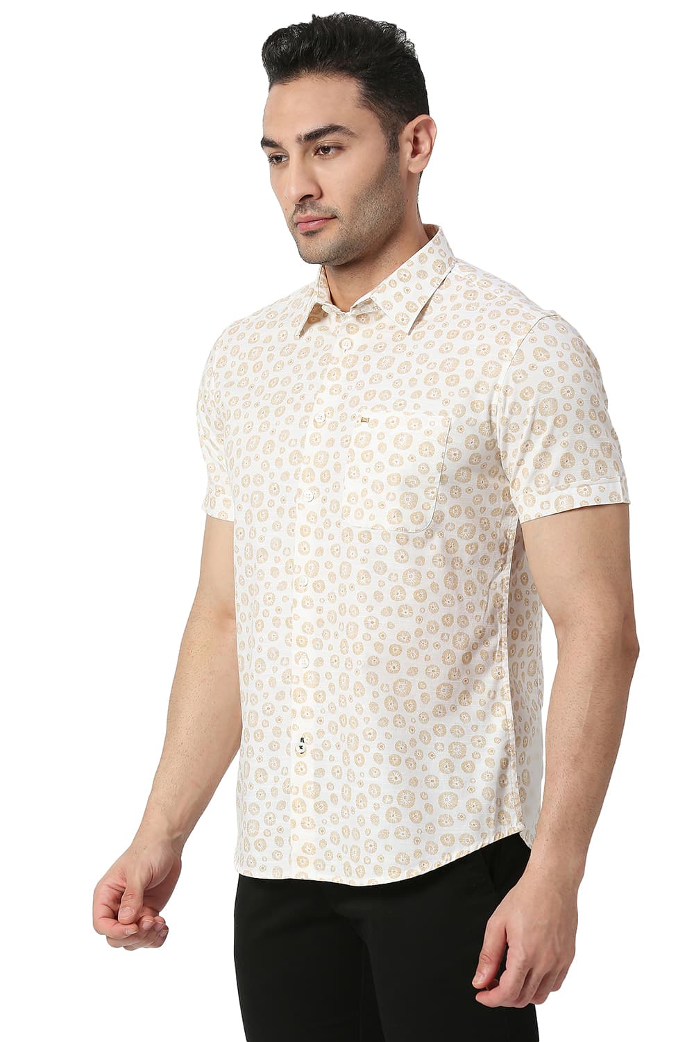 BASICS SLIM FIT COTTON SLUB PRINTED HALFSLEEVES SHIRT