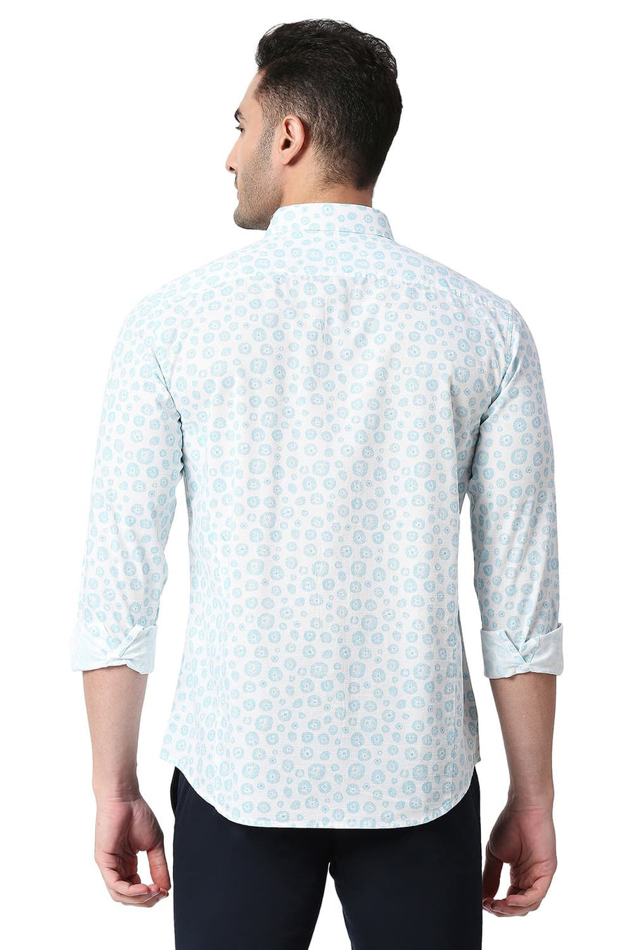 BASICS SLIM FIT MAUI BLUE COTTON SLUB PRINTED SHIRT