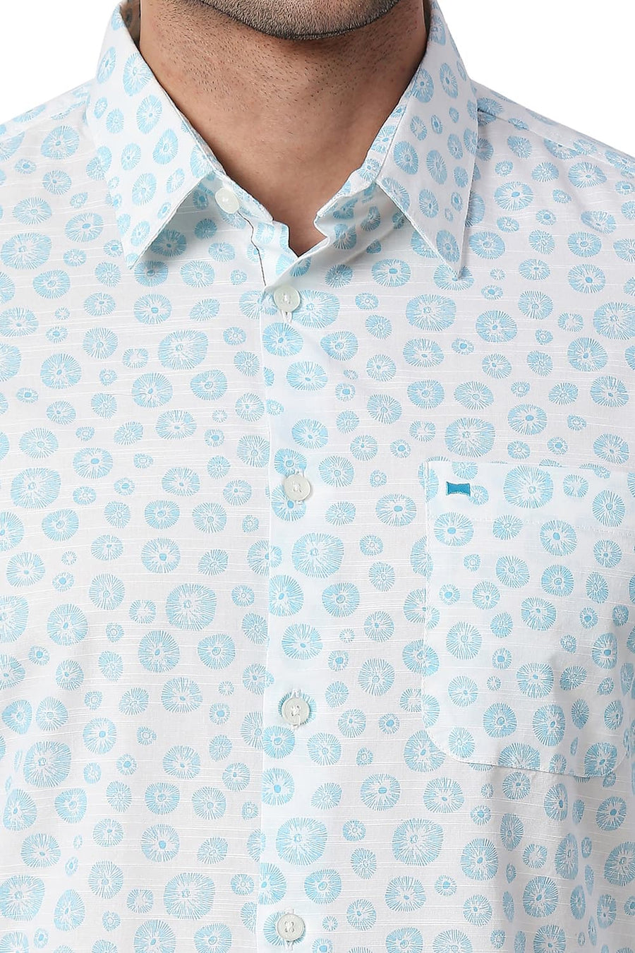 BASICS SLIM FIT MAUI BLUE COTTON SLUB PRINTED SHIRT