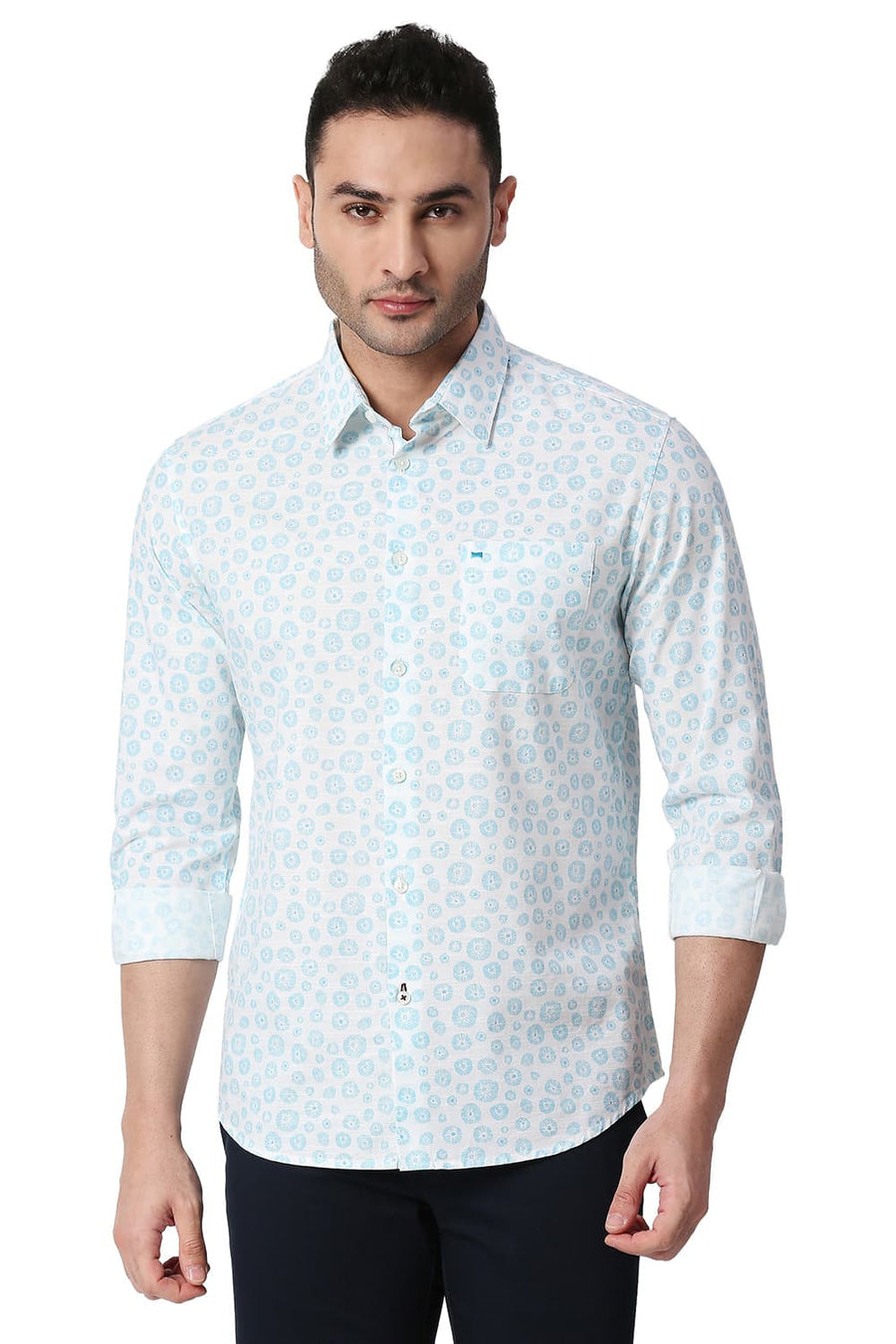 BASICS SLIM FIT MAUI BLUE COTTON SLUB PRINTED SHIRT