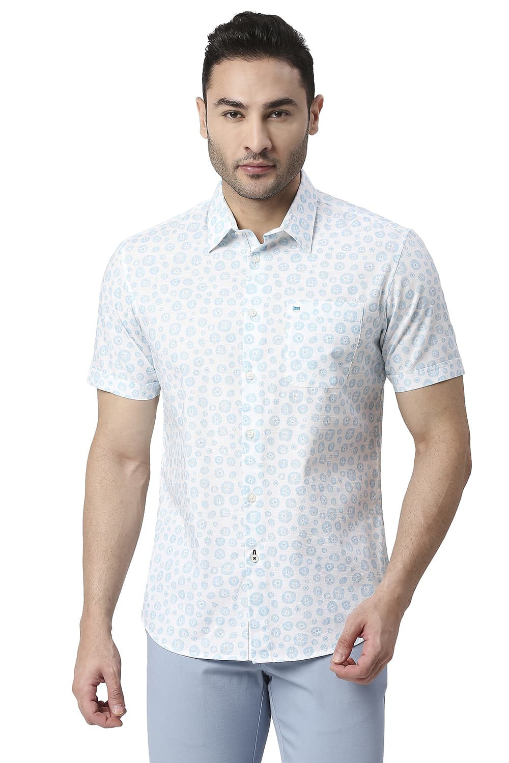 BASICS SLIM FIT COTTON SLUB PRINTED HALFSLEEVES SHIRT