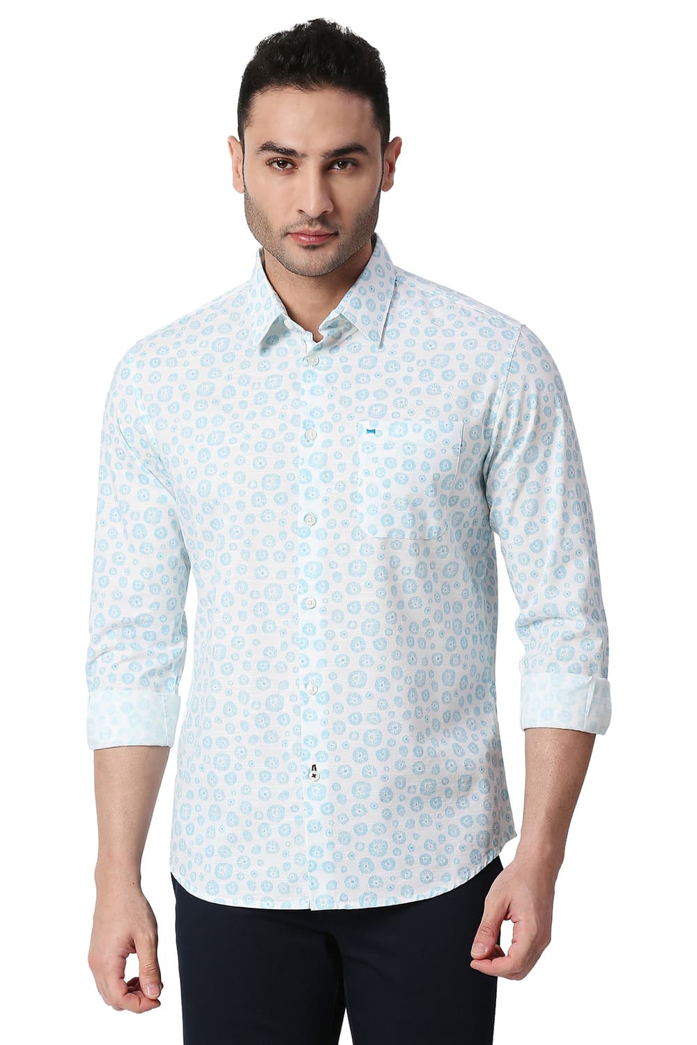 BASICS SLIM FIT COTTON SLUB PRINTED SHIRT