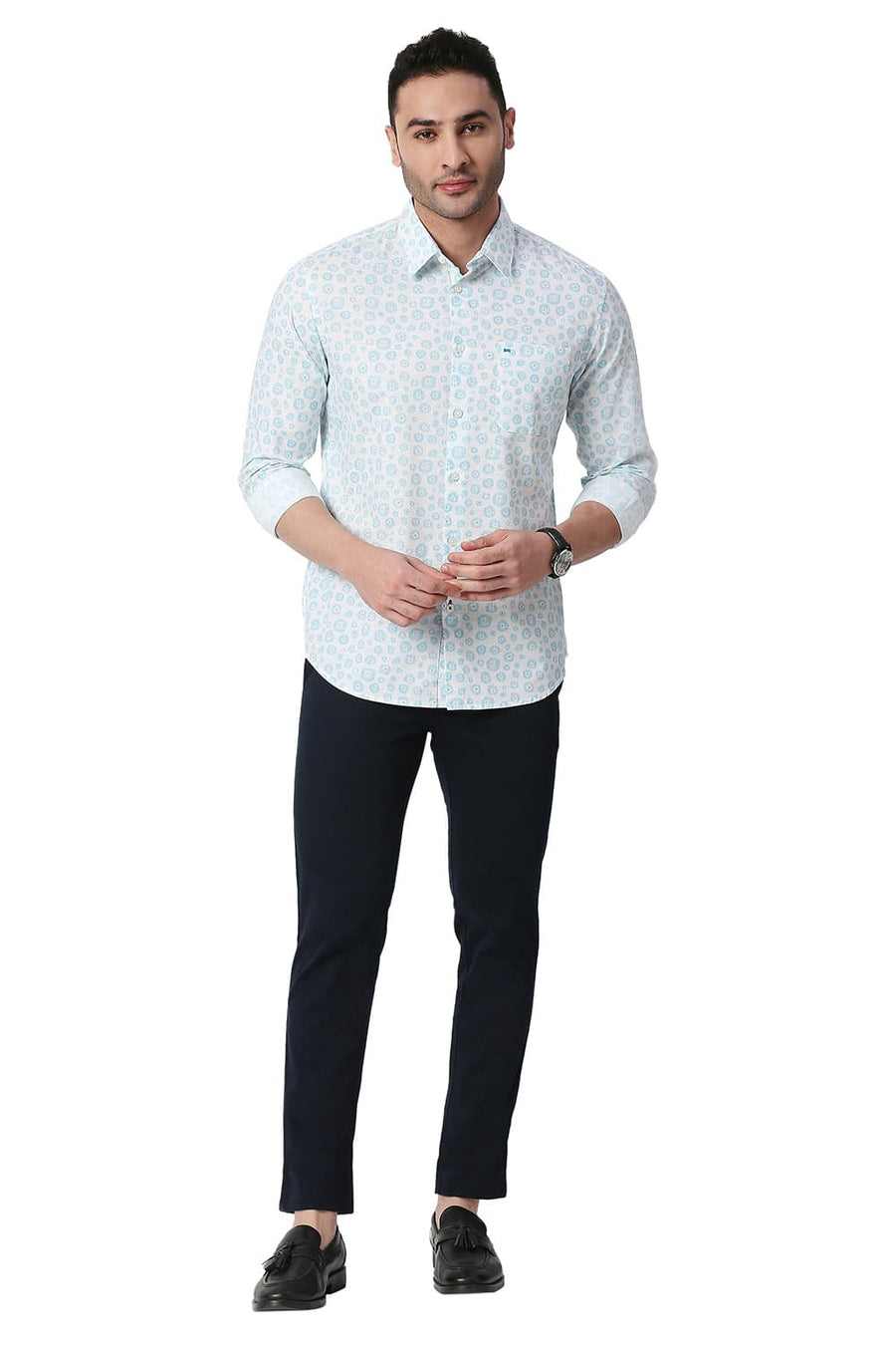 BASICS SLIM FIT MAUI BLUE COTTON SLUB PRINTED SHIRT