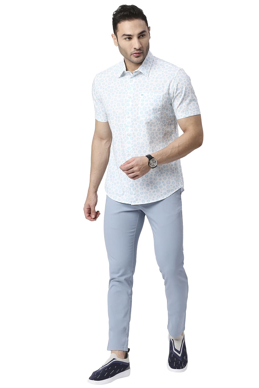 BASICS SLIM FIT COTTON SLUB PRINTED HALFSLEEVES SHIRT