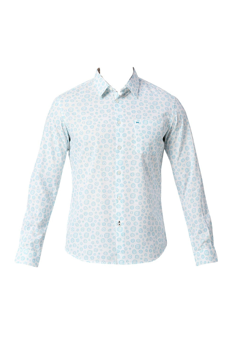BASICS SLIM FIT MAUI BLUE COTTON SLUB PRINTED SHIRT