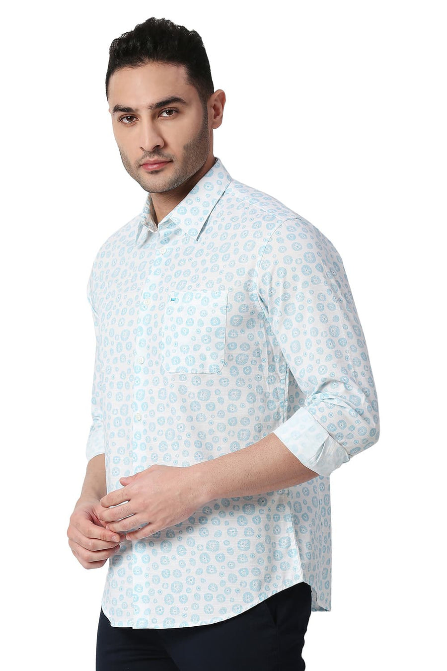 BASICS SLIM FIT MAUI BLUE COTTON SLUB PRINTED SHIRT