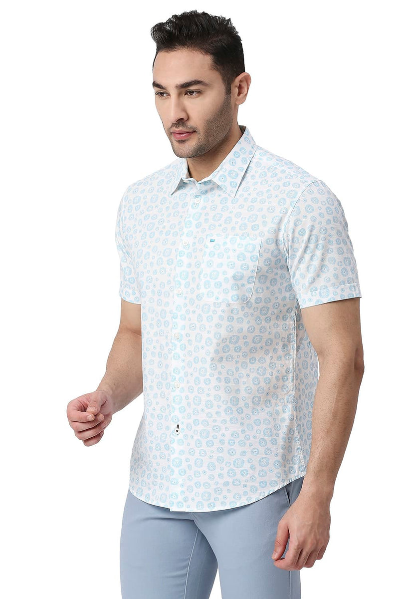 BASICS SLIM FIT COTTON SLUB PRINTED HALFSLEEVES SHIRT