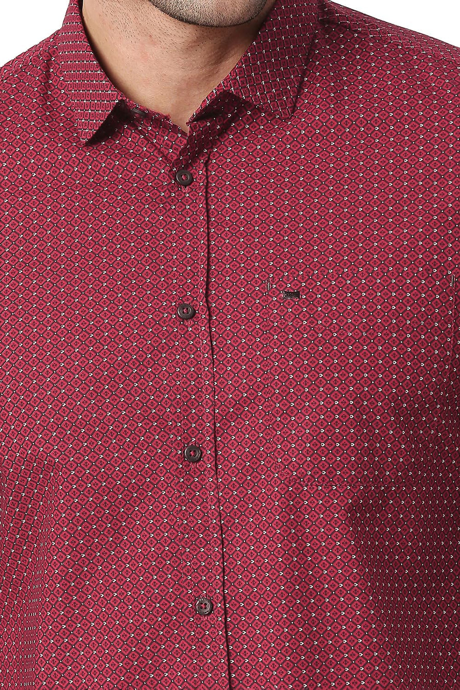 BASICS SLIM FIT SYRAH RED COTTON POPLIN PRINTED SHIRT
