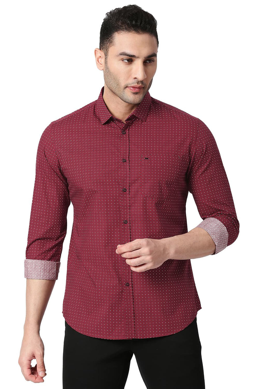 BASICS SLIM FIT SYRAH RED COTTON POPLIN PRINTED SHIRT