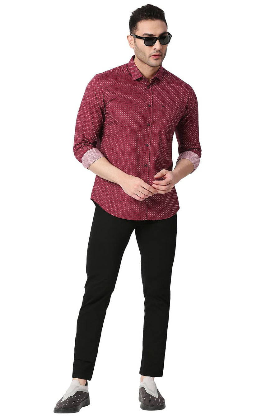 BASICS SLIM FIT SYRAH RED COTTON POPLIN PRINTED SHIRT