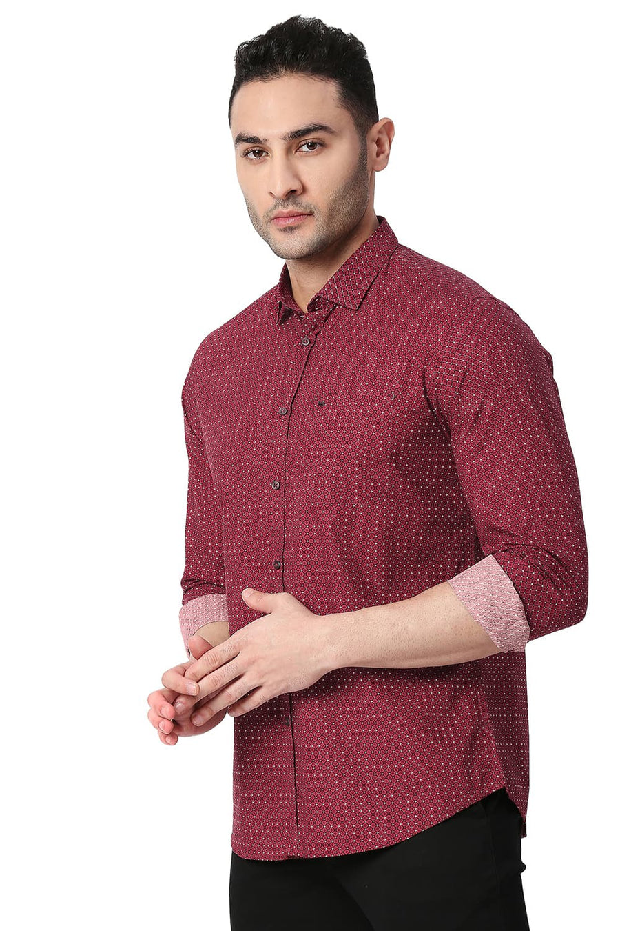 BASICS SLIM FIT SYRAH RED COTTON POPLIN PRINTED SHIRT