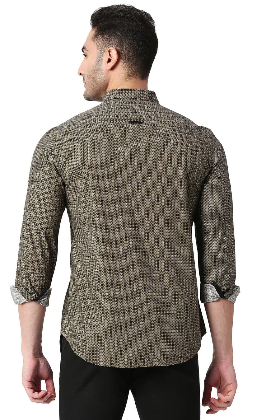 BASICS SLIM FIT DARK OLIVE COTTON POPLIN PRINTED SHIRT