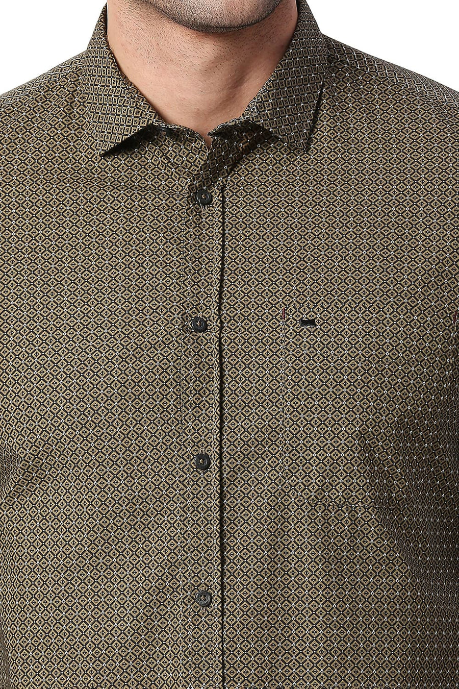 BASICS SLIM FIT DARK OLIVE COTTON POPLIN PRINTED SHIRT