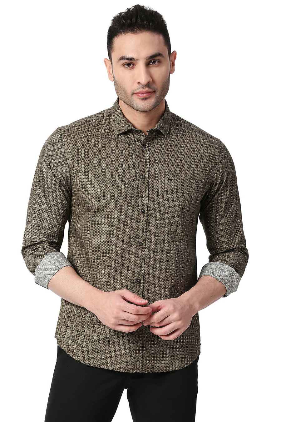 BASICS SLIM FIT DARK OLIVE COTTON POPLIN PRINTED SHIRT