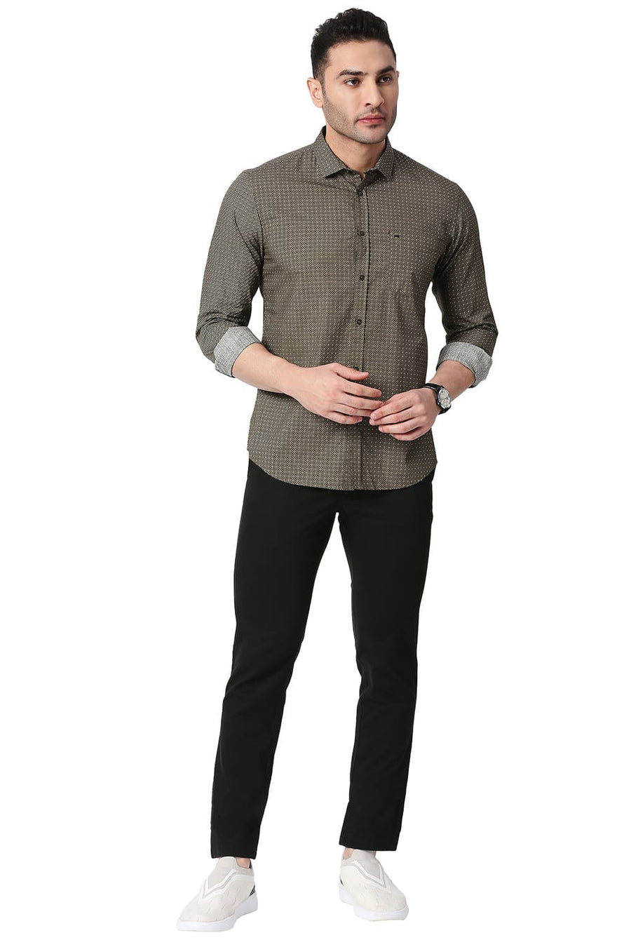 BASICS SLIM FIT DARK OLIVE COTTON POPLIN PRINTED SHIRT