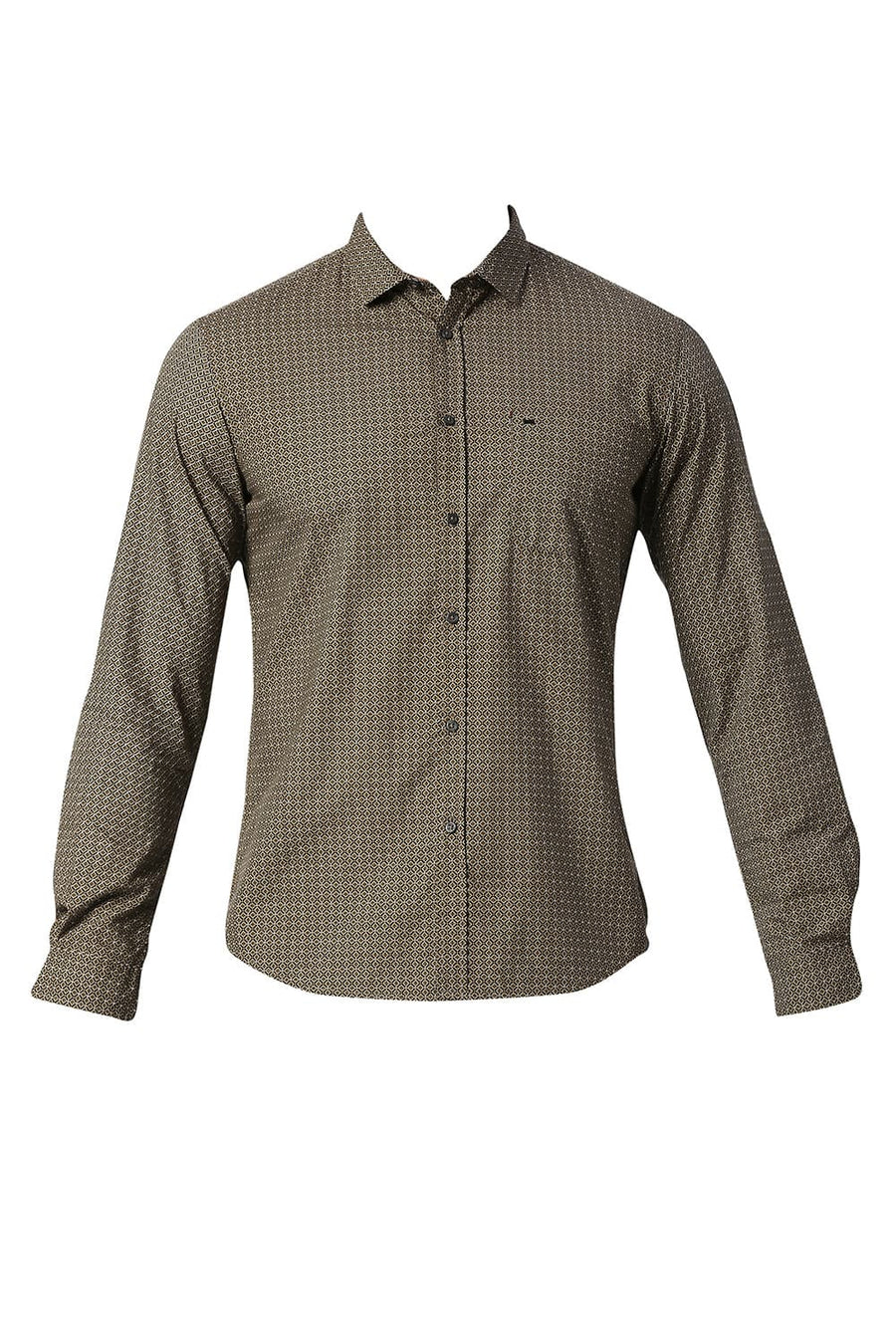 BASICS SLIM FIT DARK OLIVE COTTON POPLIN PRINTED SHIRT