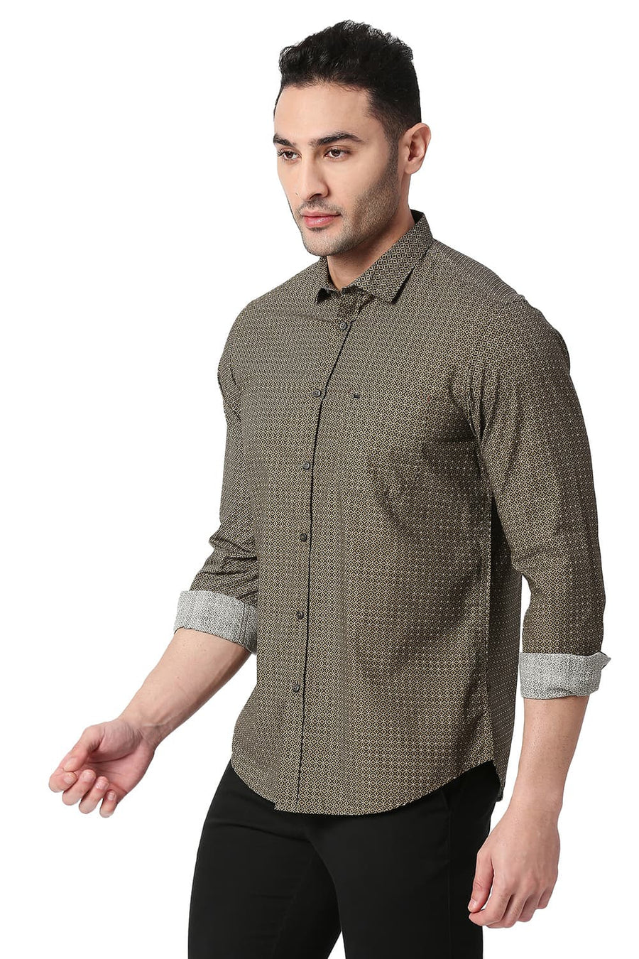 BASICS SLIM FIT DARK OLIVE COTTON POPLIN PRINTED SHIRT
