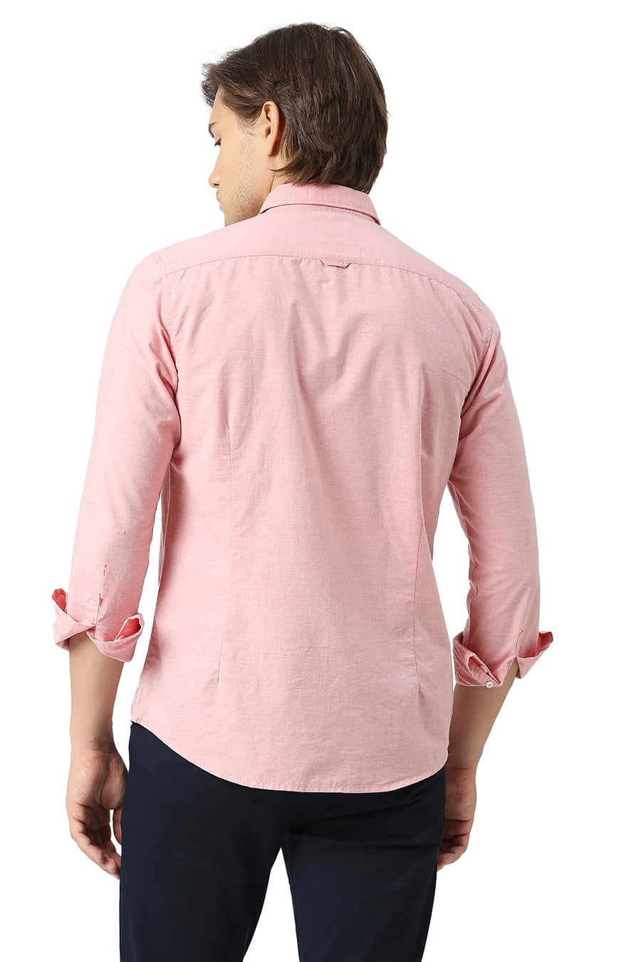 BASICS SLIM FIT EVENING RED COTTON POLYESTER CHAMBRAY SHIRT