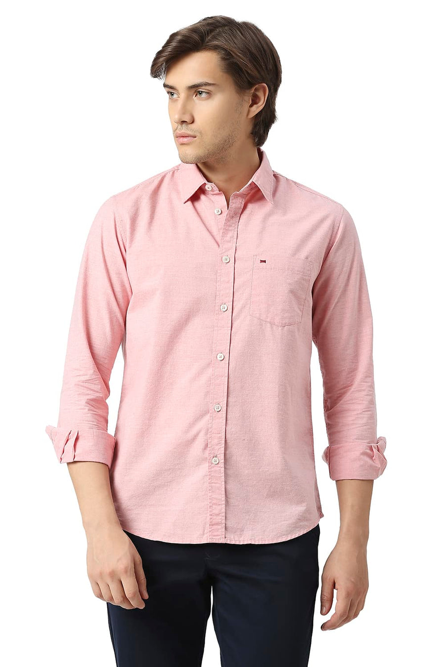 BASICS SLIM FIT EVENING RED COTTON POLYESTER CHAMBRAY SHIRT
