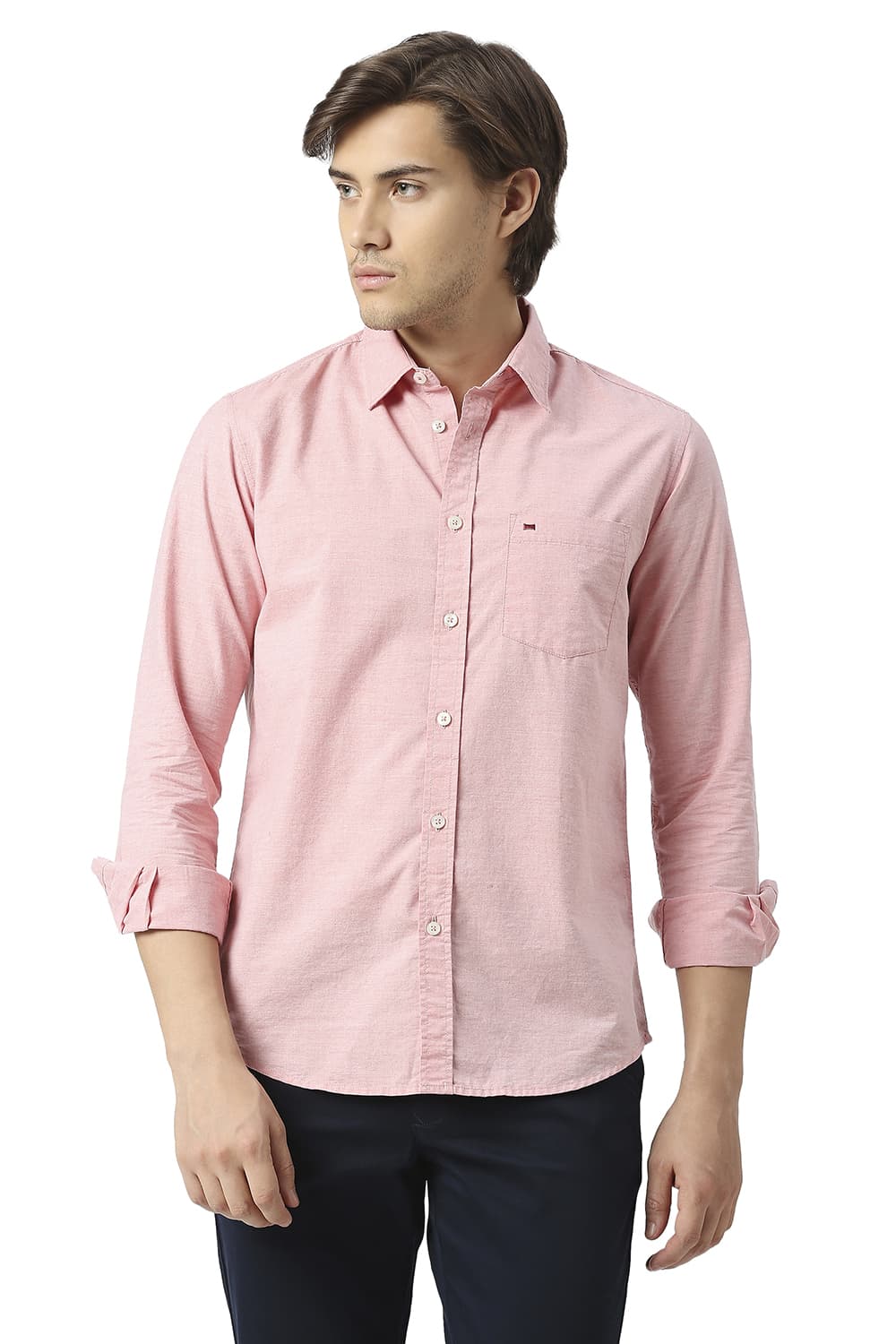 BASICS SLIM FIT COTTON POLYESTER CHAMBRAY SHIRT