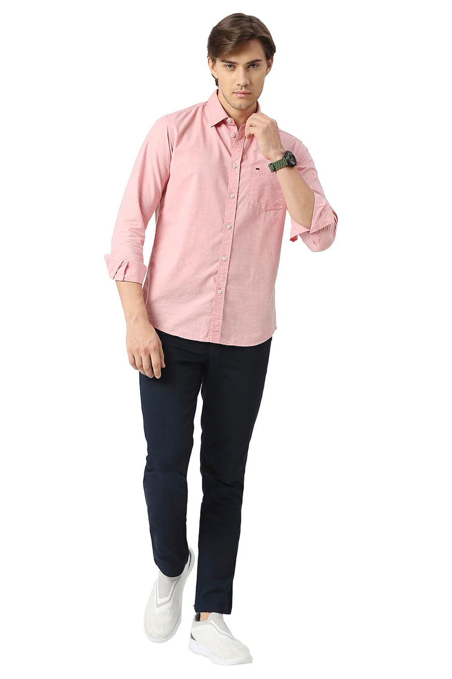 BASICS SLIM FIT EVENING RED COTTON POLYESTER CHAMBRAY SHIRT