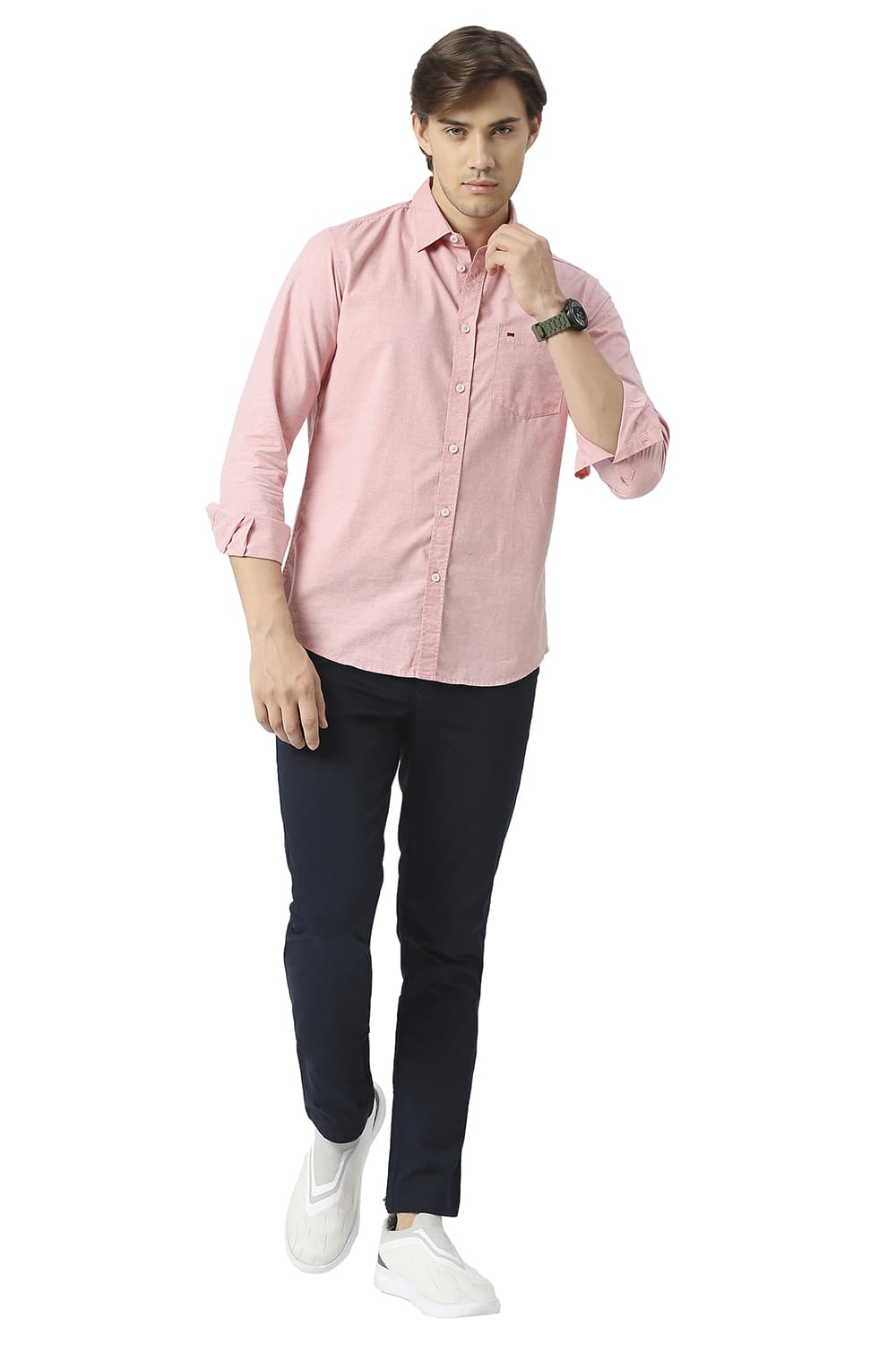 BASICS SLIM FIT COTTON POLYESTER CHAMBRAY SHIRT