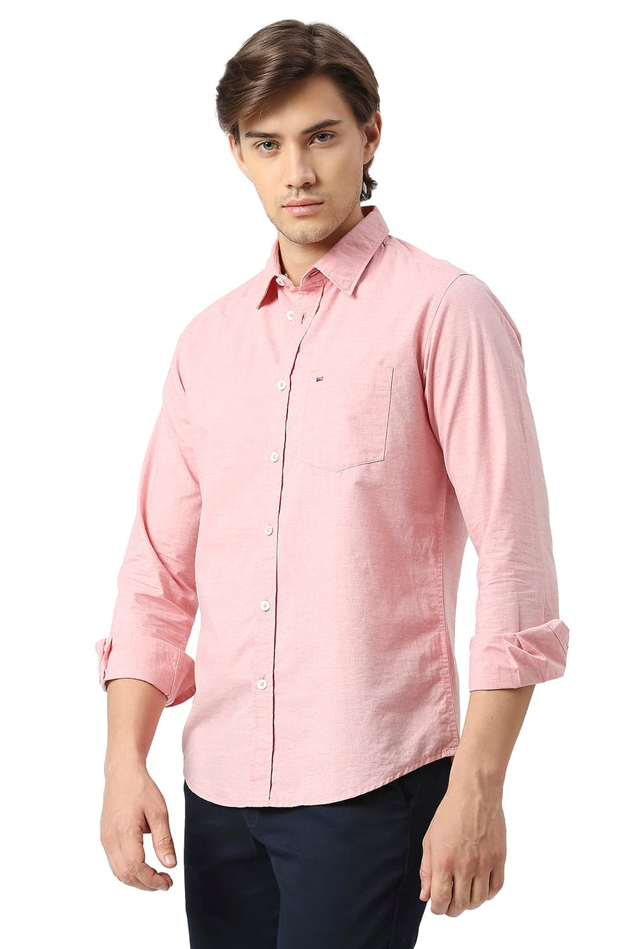 BASICS SLIM FIT EVENING RED COTTON POLYESTER CHAMBRAY SHIRT