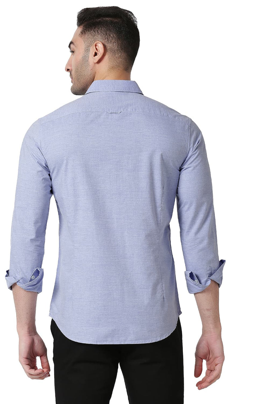 BASICS SLIM FIT GRANADA BLUE COTTON POLYESTER CHAMBRAY SHIRT
