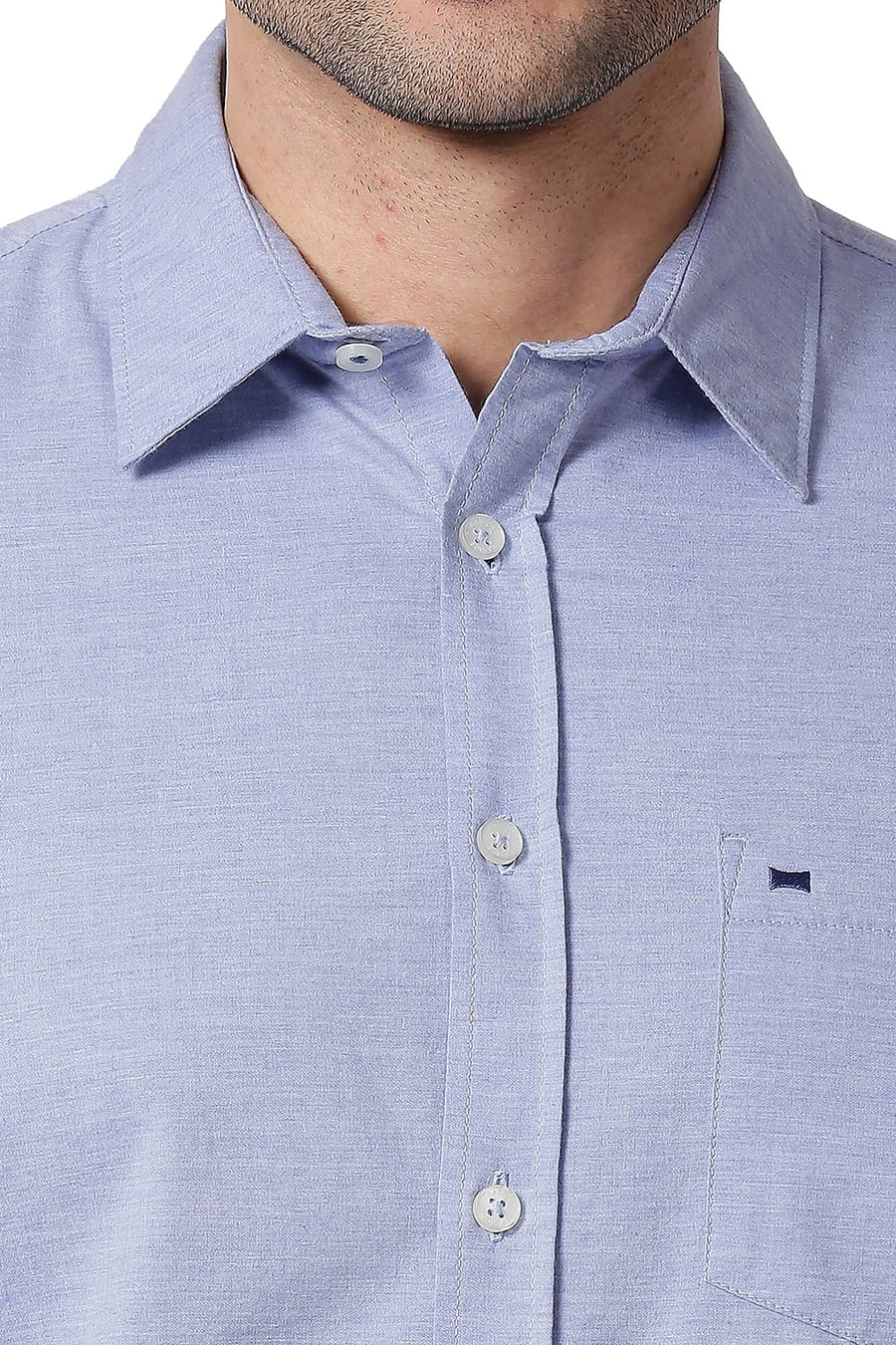 BASICS SLIM FIT GRANADA BLUE COTTON POLYESTER CHAMBRAY SHIRT
