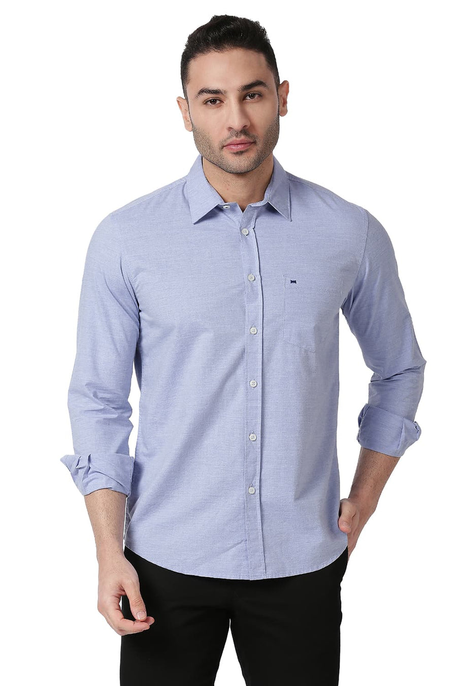 BASICS SLIM FIT GRANADA BLUE COTTON POLYESTER CHAMBRAY SHIRT