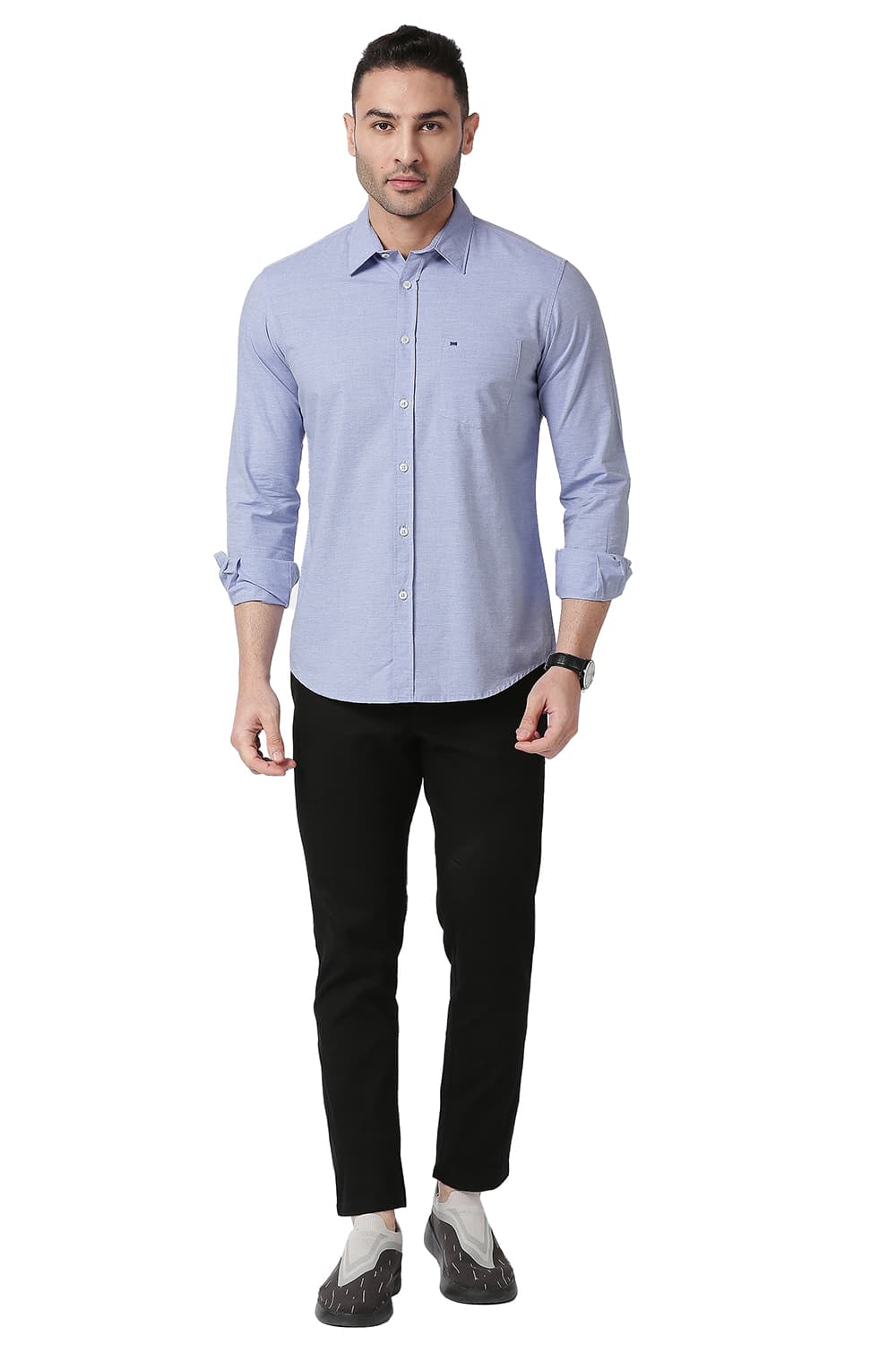 BASICS SLIM FIT COTTON POLYESTER CHAMBRAY SHIRT