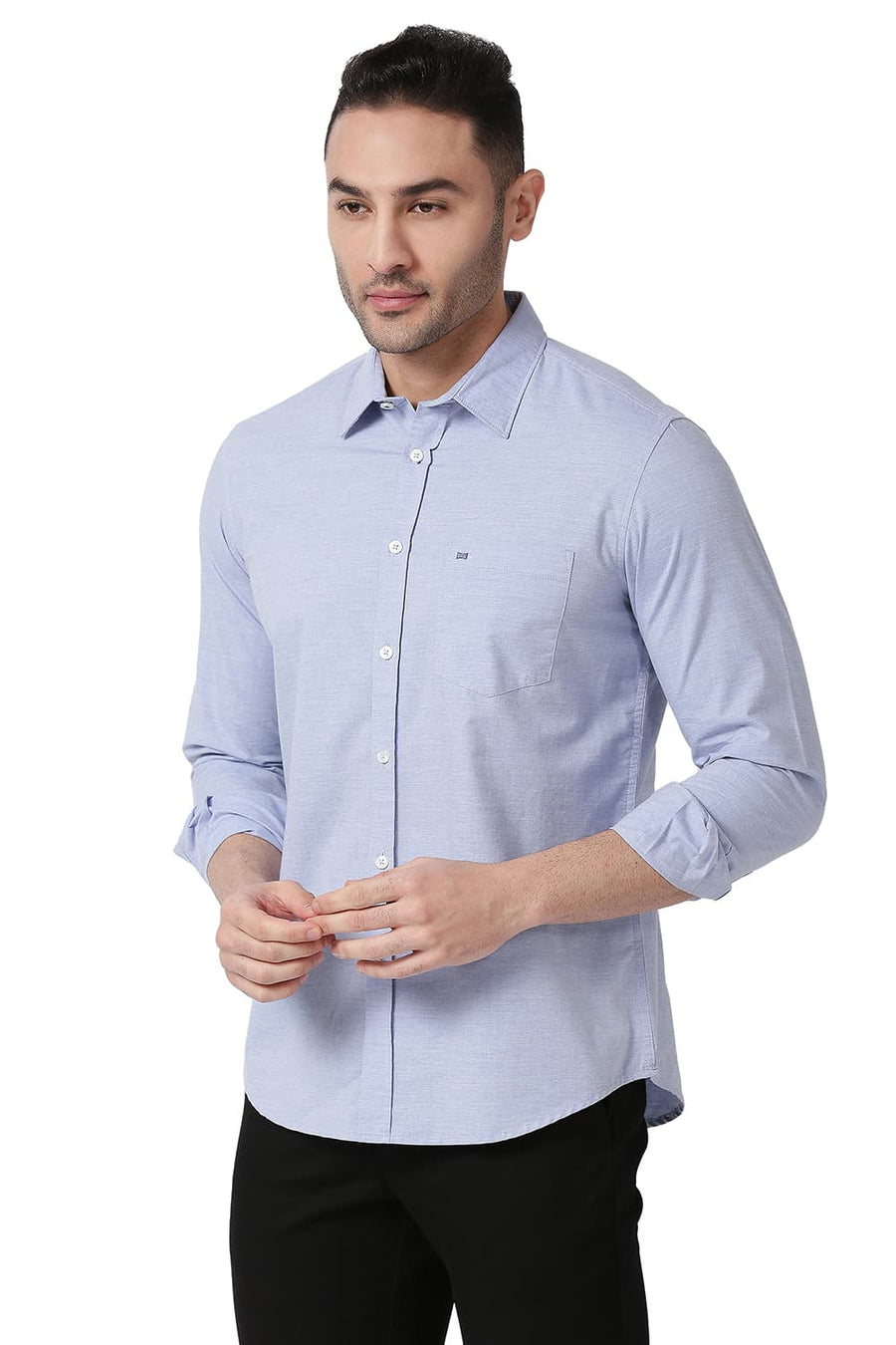 BASICS SLIM FIT GRANADA BLUE COTTON POLYESTER CHAMBRAY SHIRT