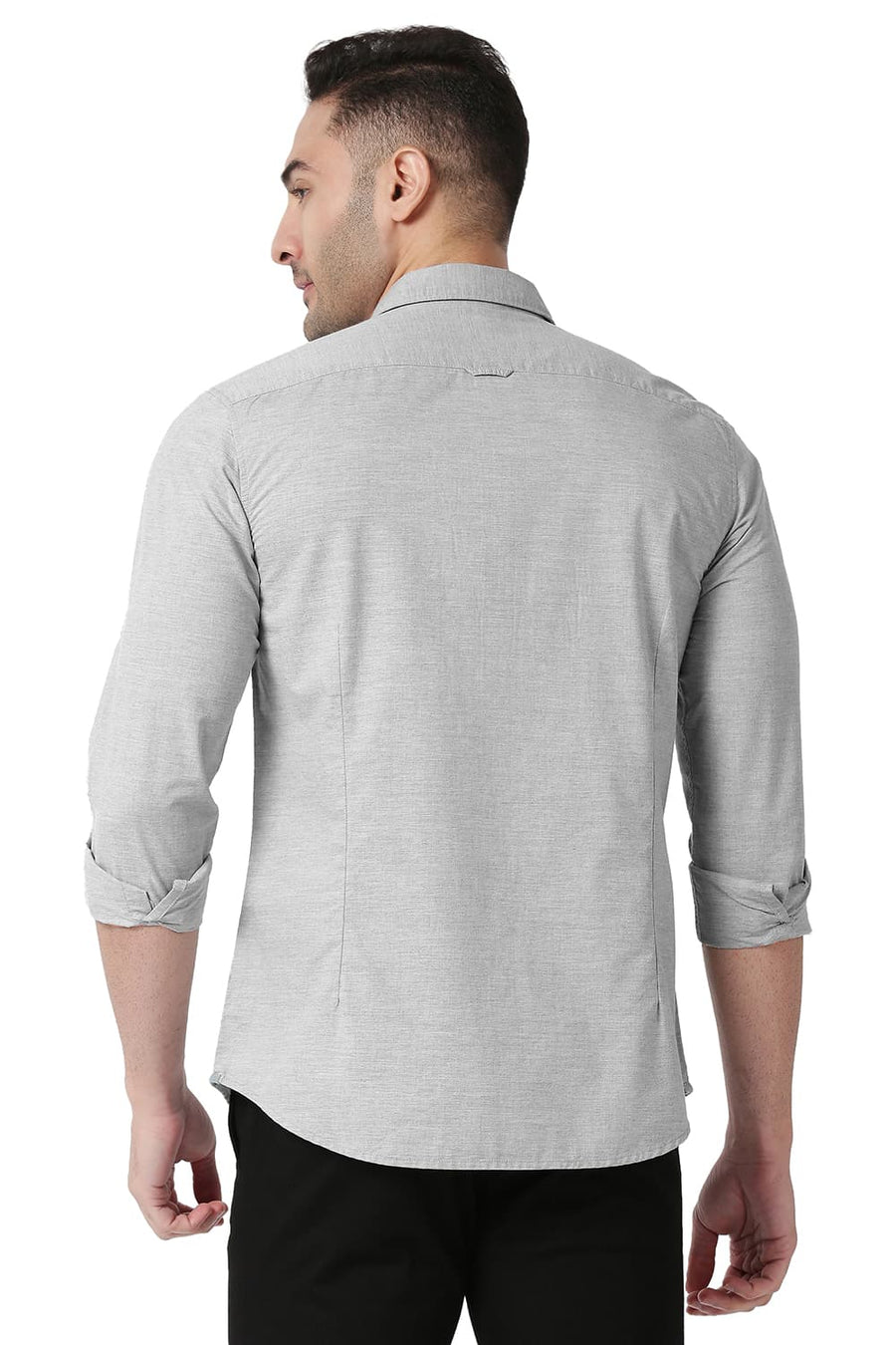 BASICS SLIM FIT LIMESTONE GREY COTTON POLYESTER CHAMBRAY SHIRT