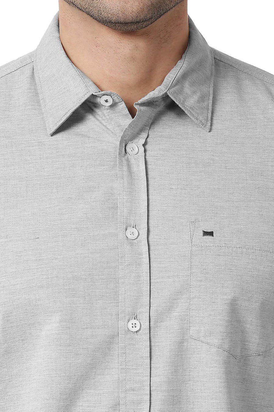 BASICS SLIM FIT LIMESTONE GREY COTTON POLYESTER CHAMBRAY SHIRT