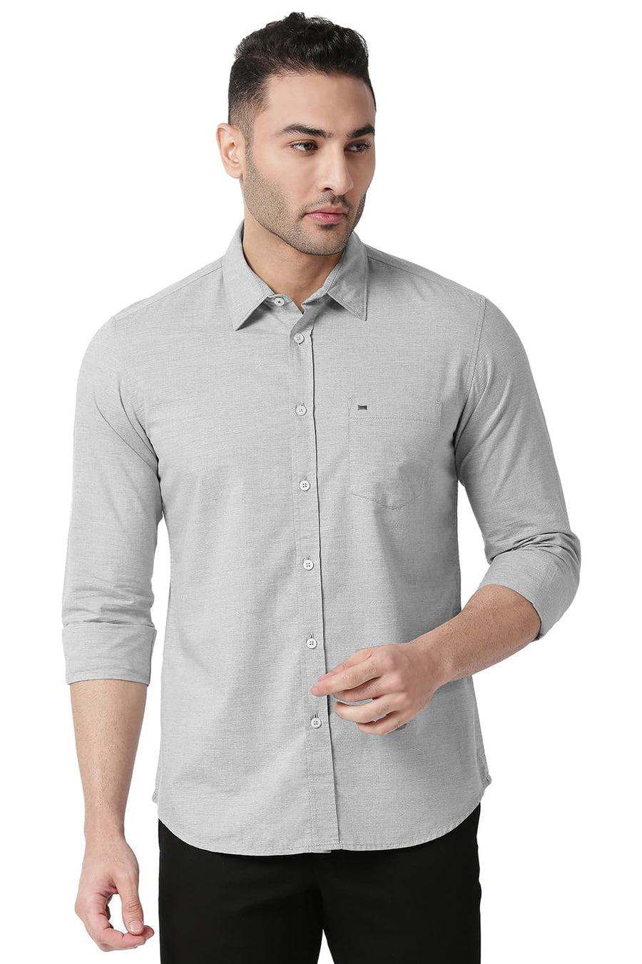 BASICS SLIM FIT LIMESTONE GREY COTTON POLYESTER CHAMBRAY SHIRT