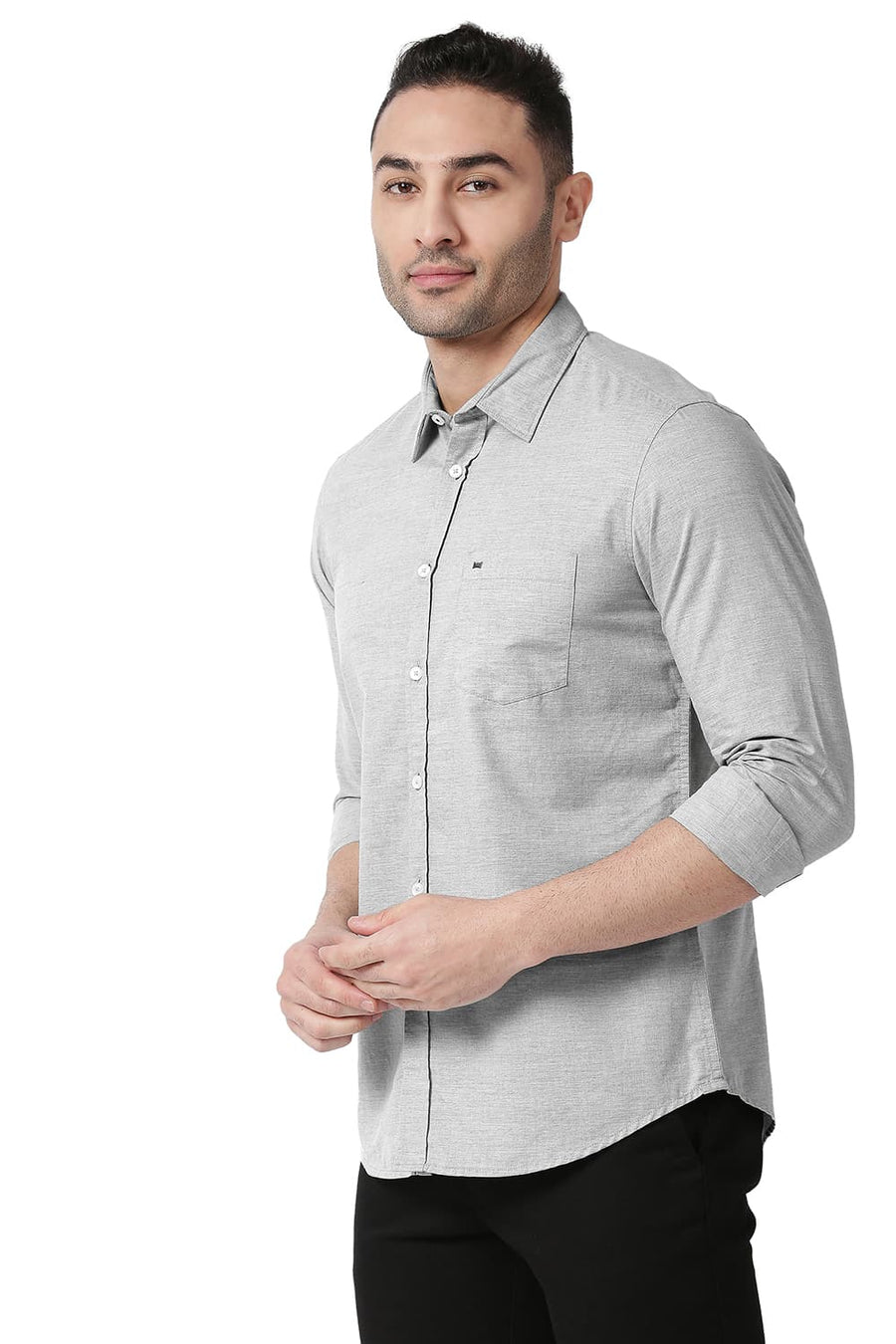 BASICS SLIM FIT LIMESTONE GREY COTTON POLYESTER CHAMBRAY SHIRT