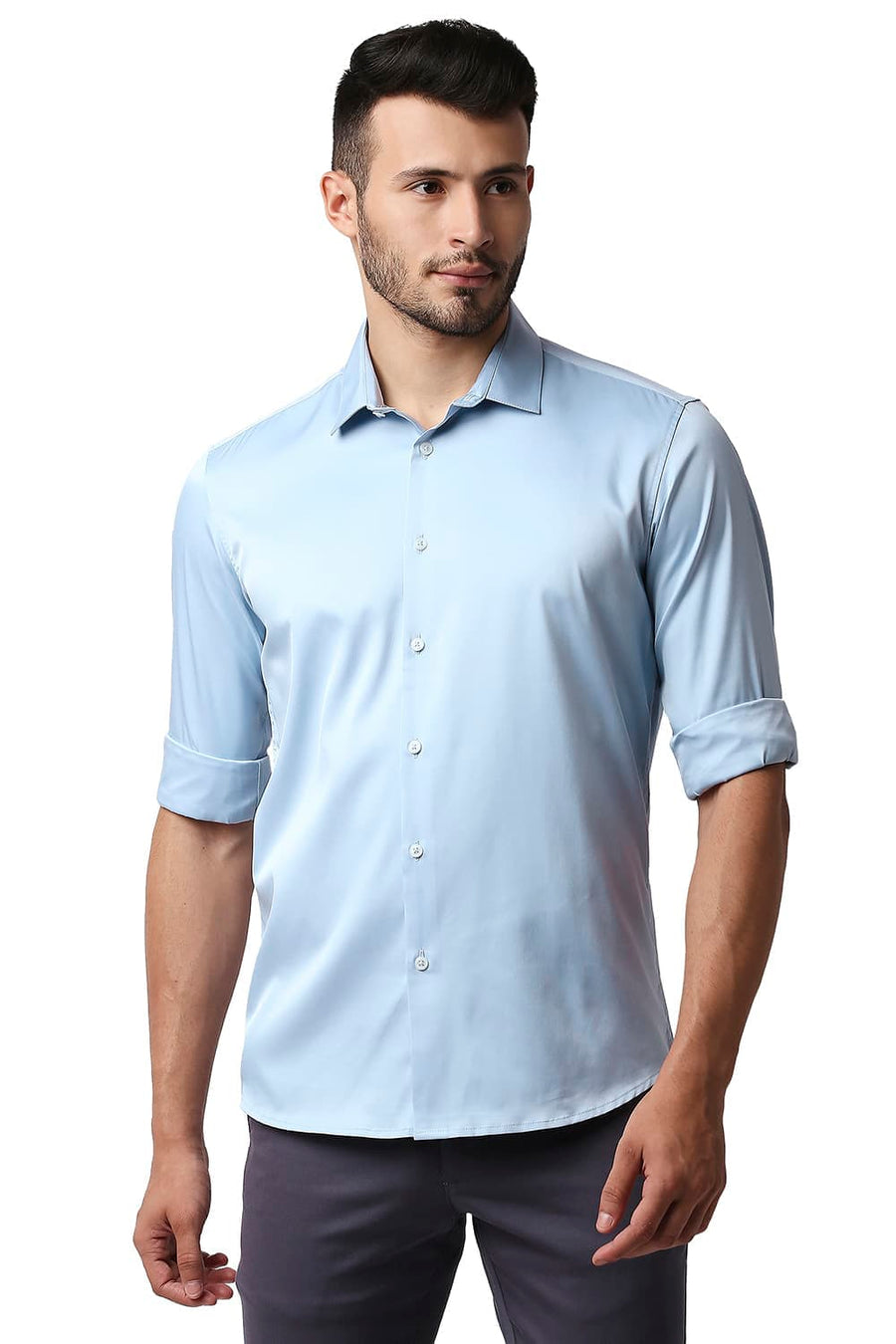 BASICS SLIM FIT NIAGARA BLUE POLYESTER STRETCH SHIRT