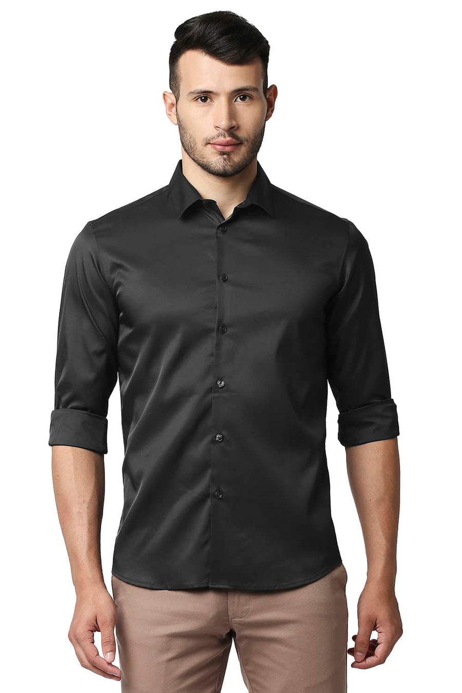 BASICS SLIM FIT RAVEN BLACK POLYESTER STRETCH SHIRT