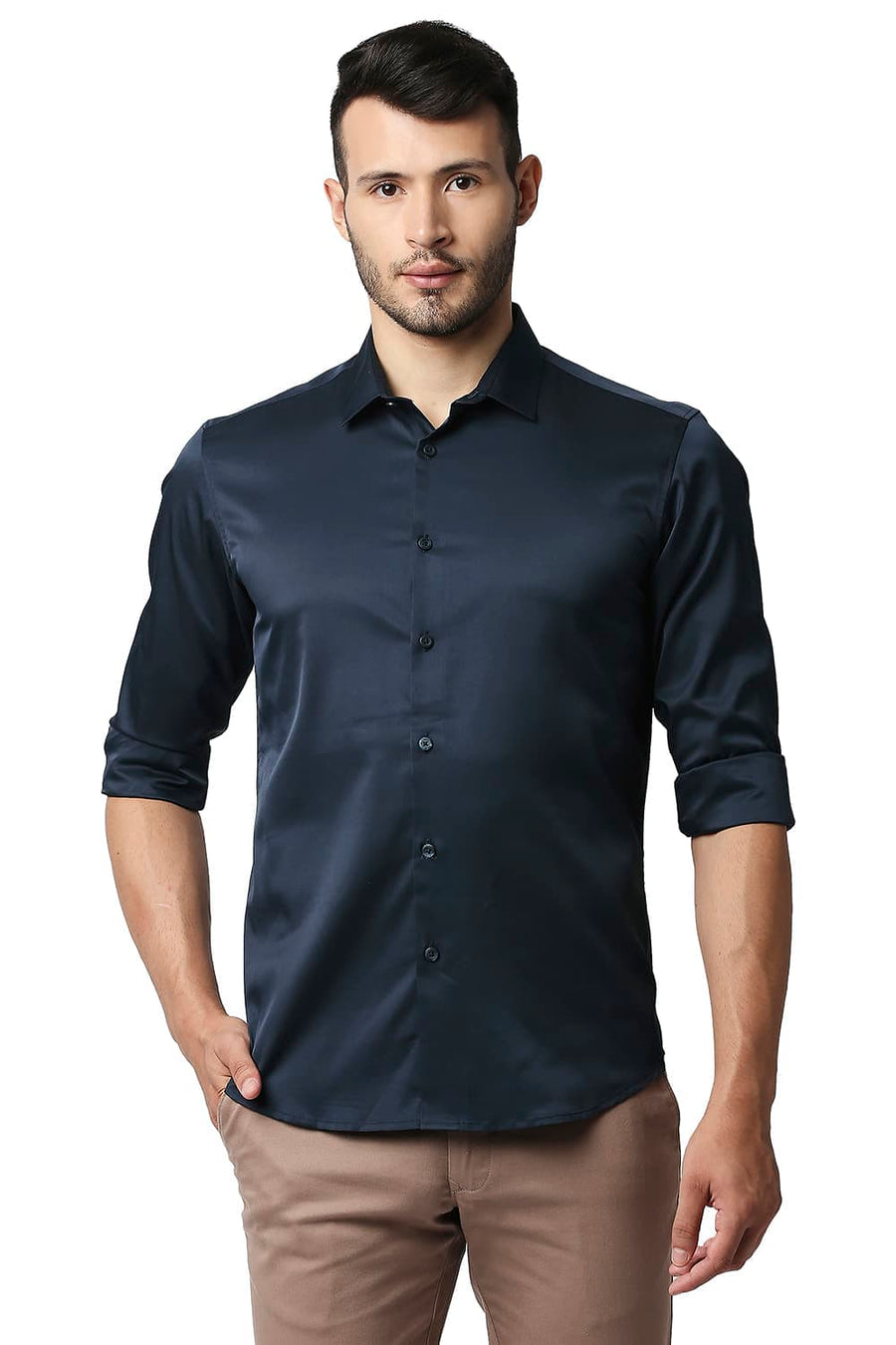 BASICS SLIM FIT BLUBERRY NAVY POLYESTER STRETCH SHIRT