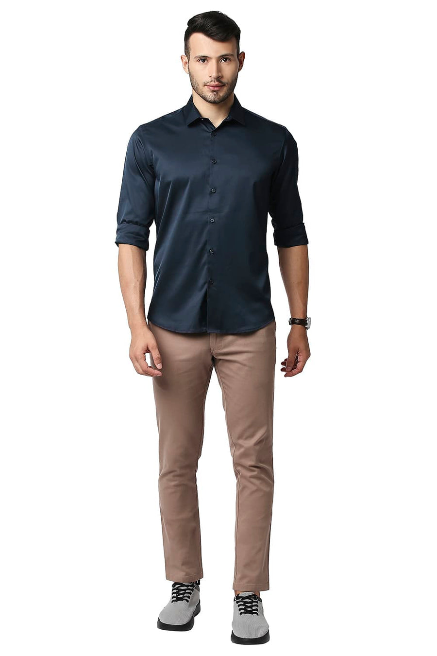 BASICS SLIM FIT BLUBERRY NAVY POLYESTER STRETCH SHIRT