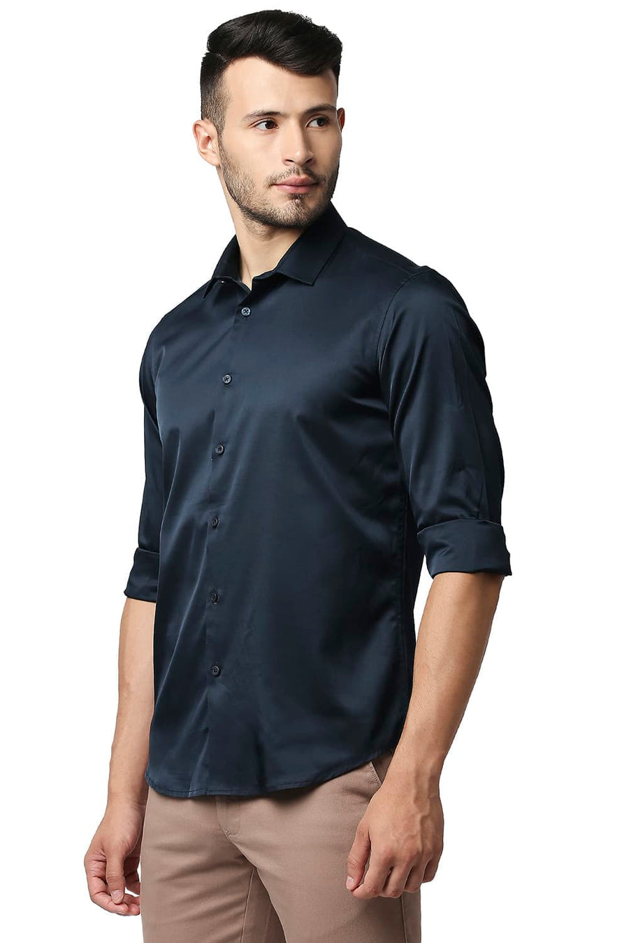 BASICS SLIM FIT BLUBERRY NAVY POLYESTER STRETCH SHIRT
