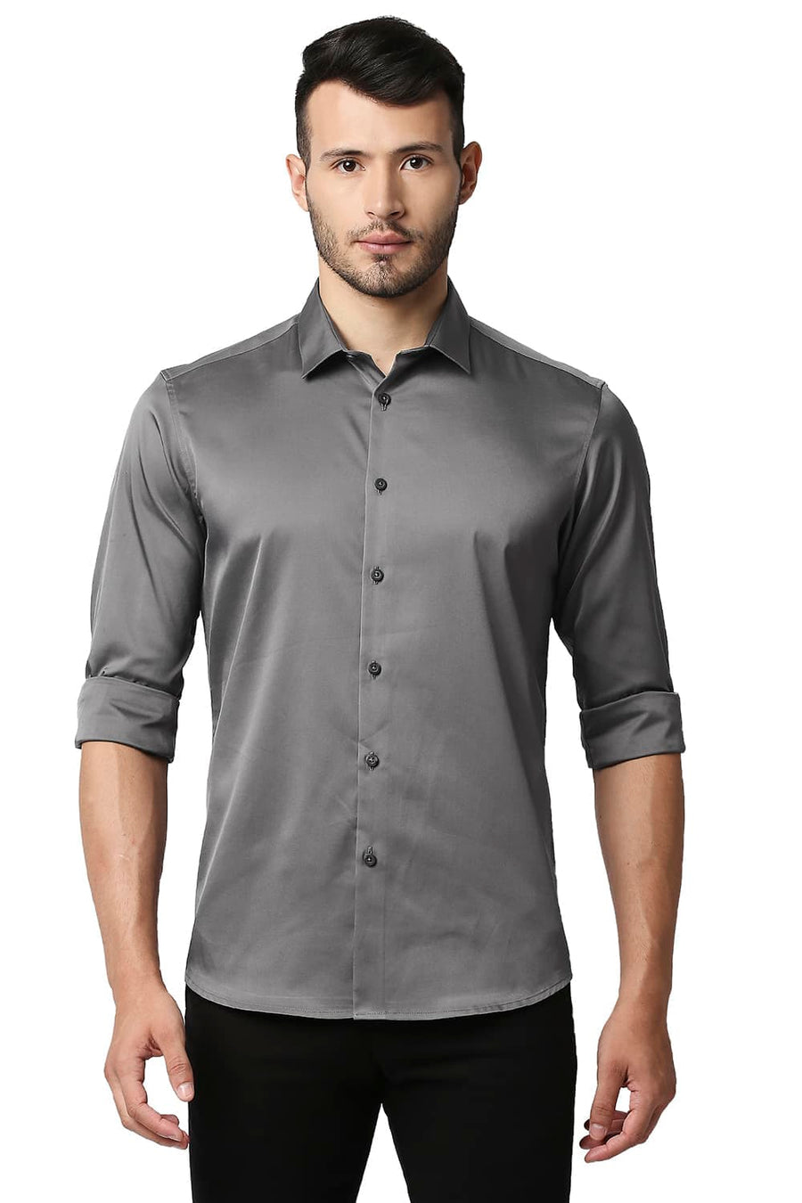 BASICS SLIM FIT PINSTRIPE GREY POLYESTER STRETCH SHIRT