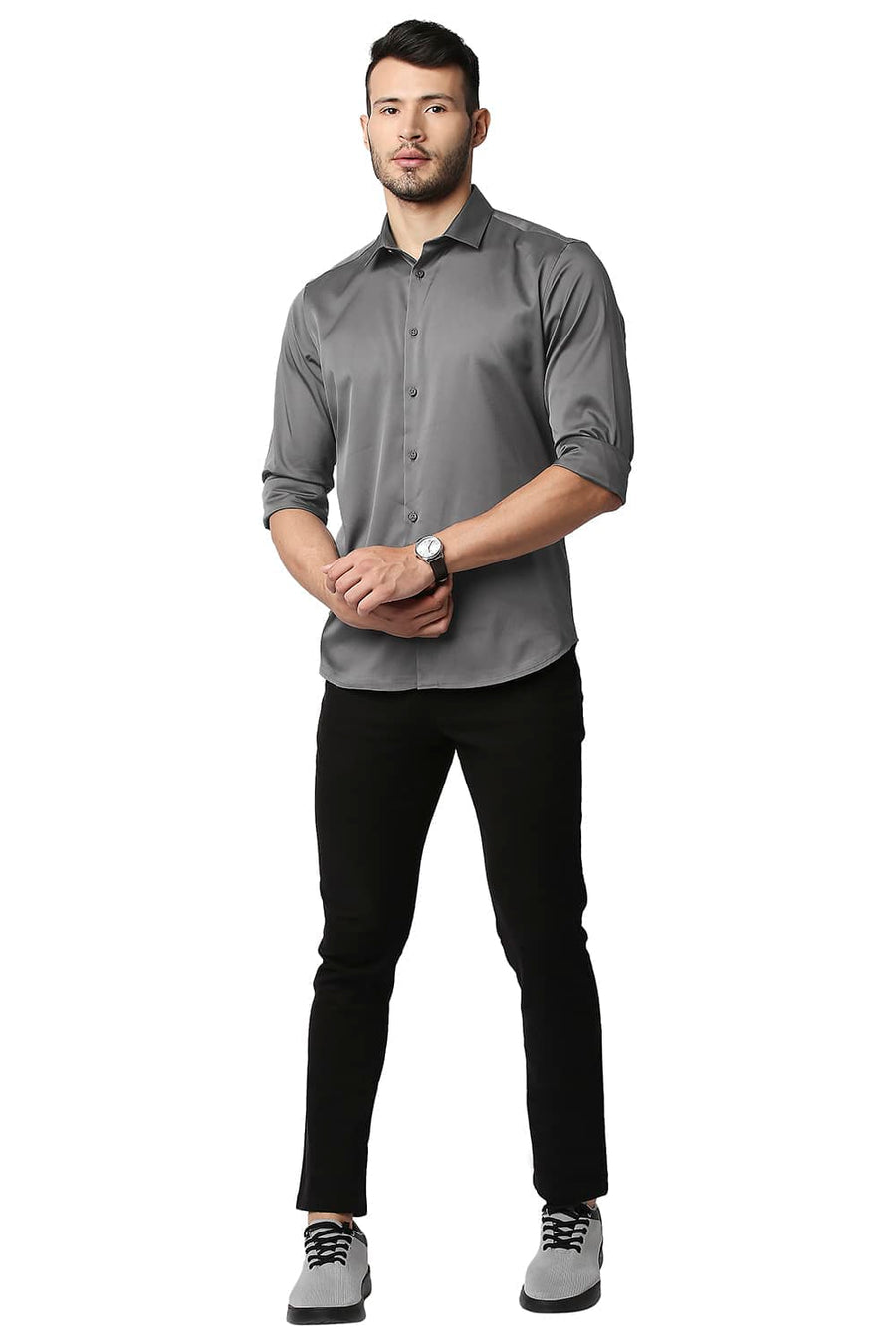 BASICS SLIM FIT PINSTRIPE GREY POLYESTER STRETCH SHIRT