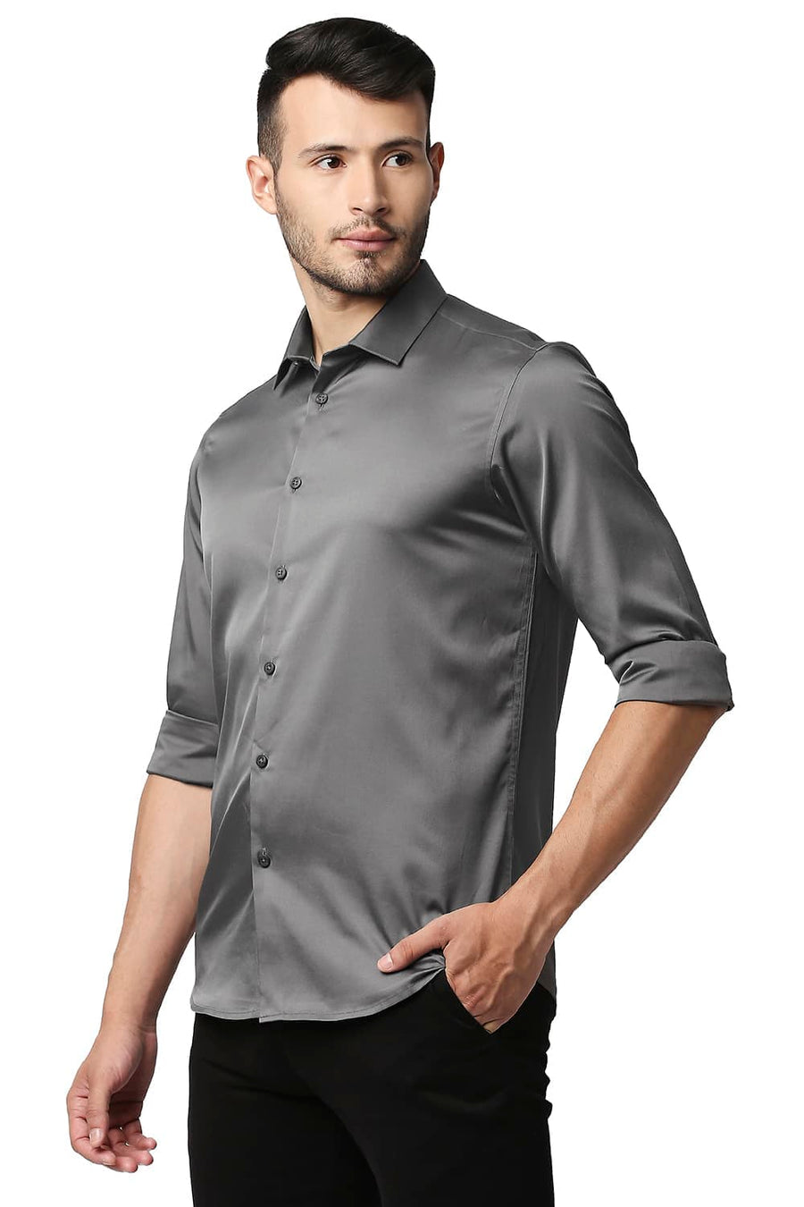 BASICS SLIM FIT PINSTRIPE GREY POLYESTER STRETCH SHIRT