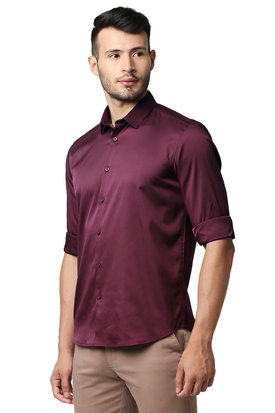 BASICS SLIM FIT CORDOVAN MAROON POLYESTER STRETCH SHIRT