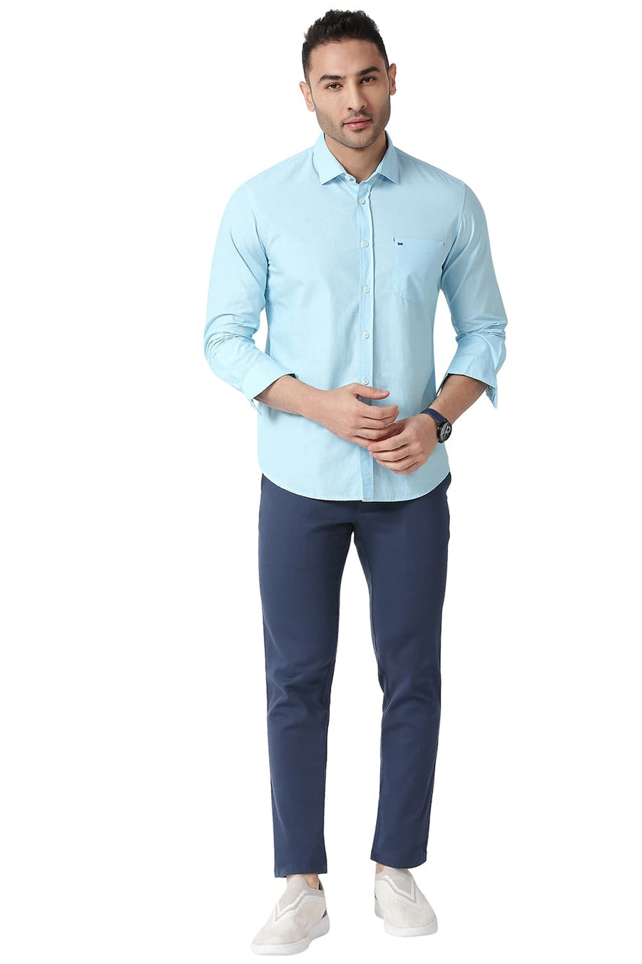 BASICS SLIM FIT TIDE AQUA COTTON FIL-A-FIL SHIRT
