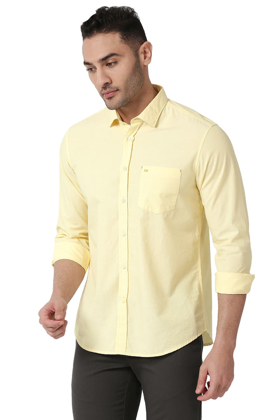 BASICS SLIM FIT SUNLIGHT YELLOW COTTON FIL-A-FIL SHIRT