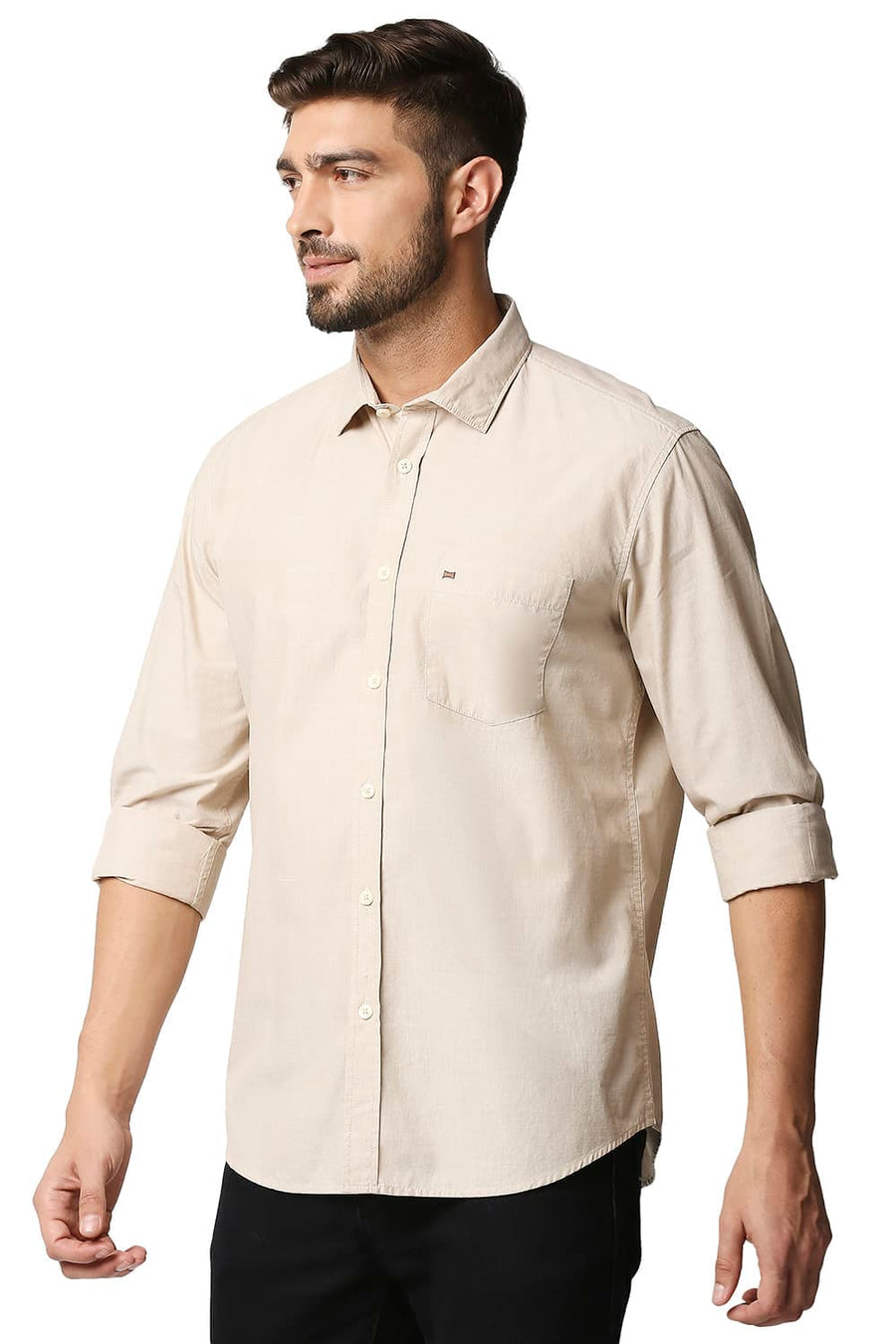 BASICS SLIM FIT CREME BEIGE COTTON FIL-A-FIL SHIRT