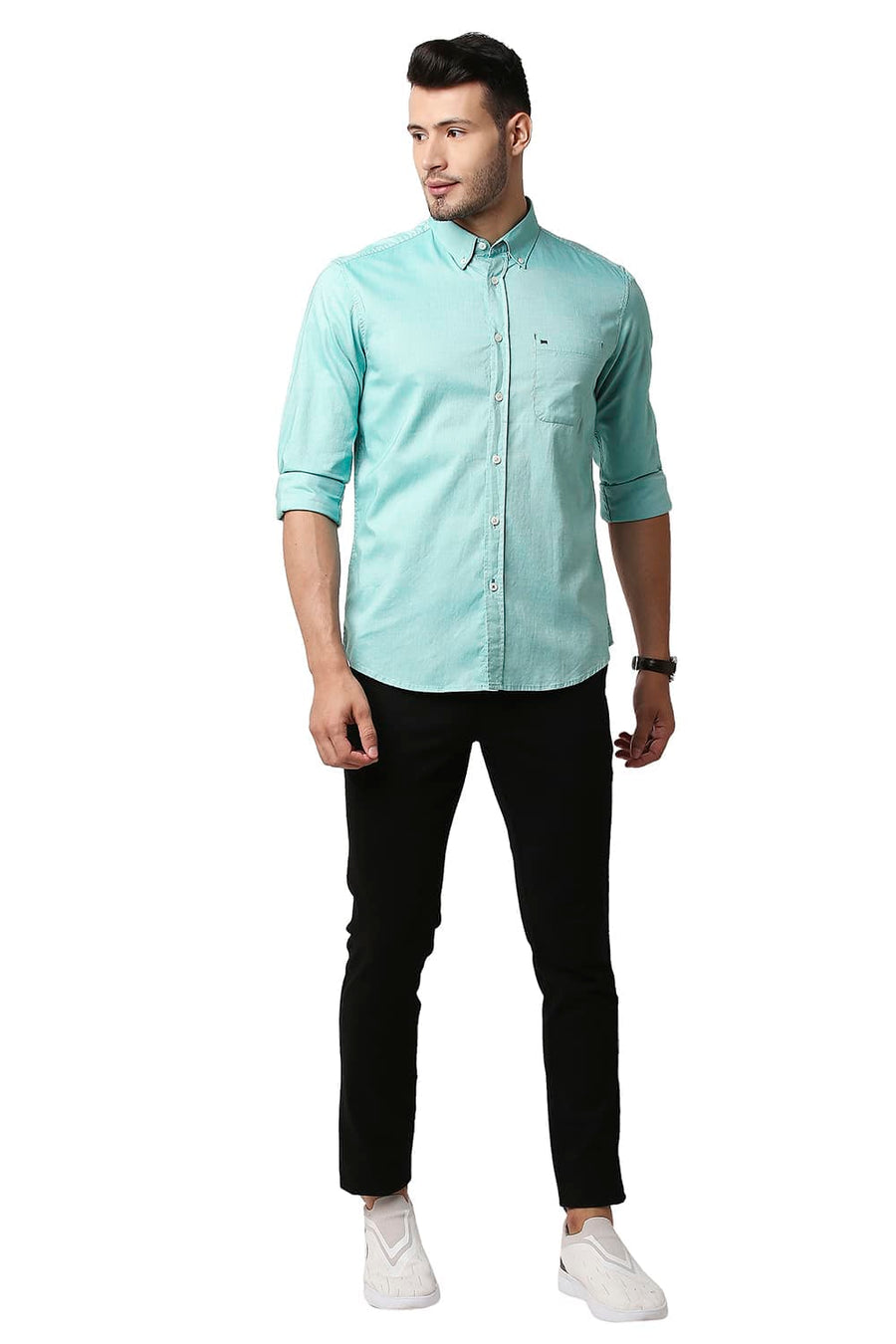 BASICS SLIM FIT WASABI GREEN COTTON OXFORD SHIRT