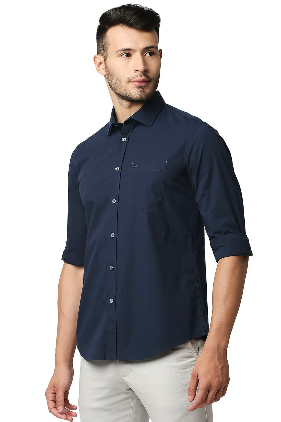 BASICS SLIM FIT SKY CAPTAIN NAVY COTTON POPLIN STRETCH SHIRT